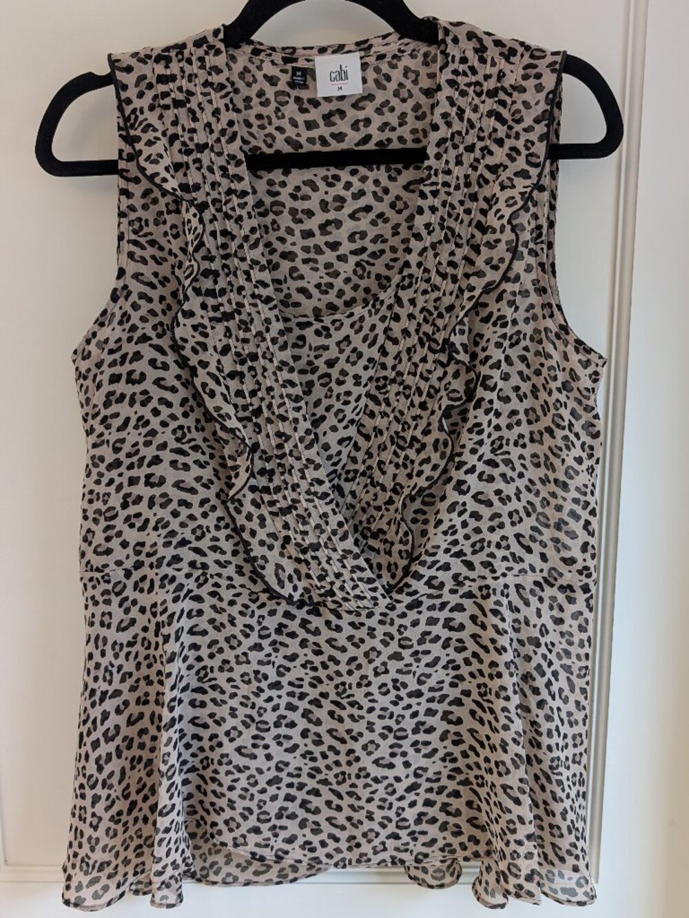 CAbi Flutter Leopard Print Ruffle V-Neck Sleeveless Top